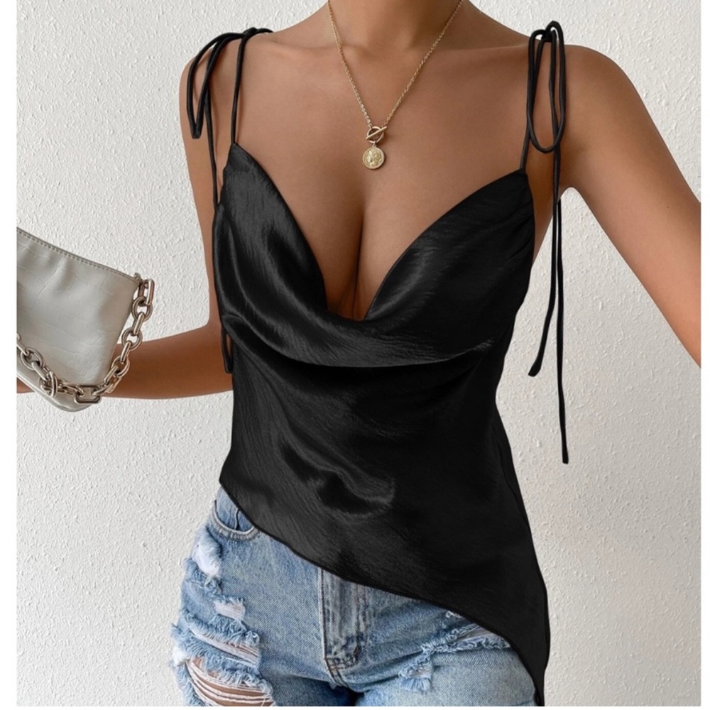 Black Color Glamorous Cowl Neck Tie Strap Camisole Top - Picture 1 of 16
